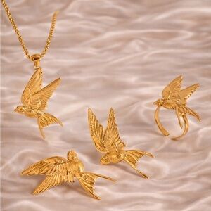 Swallow Peace Bird 18k Gold Stainless Steel Ring, Earrings, Necklace Set